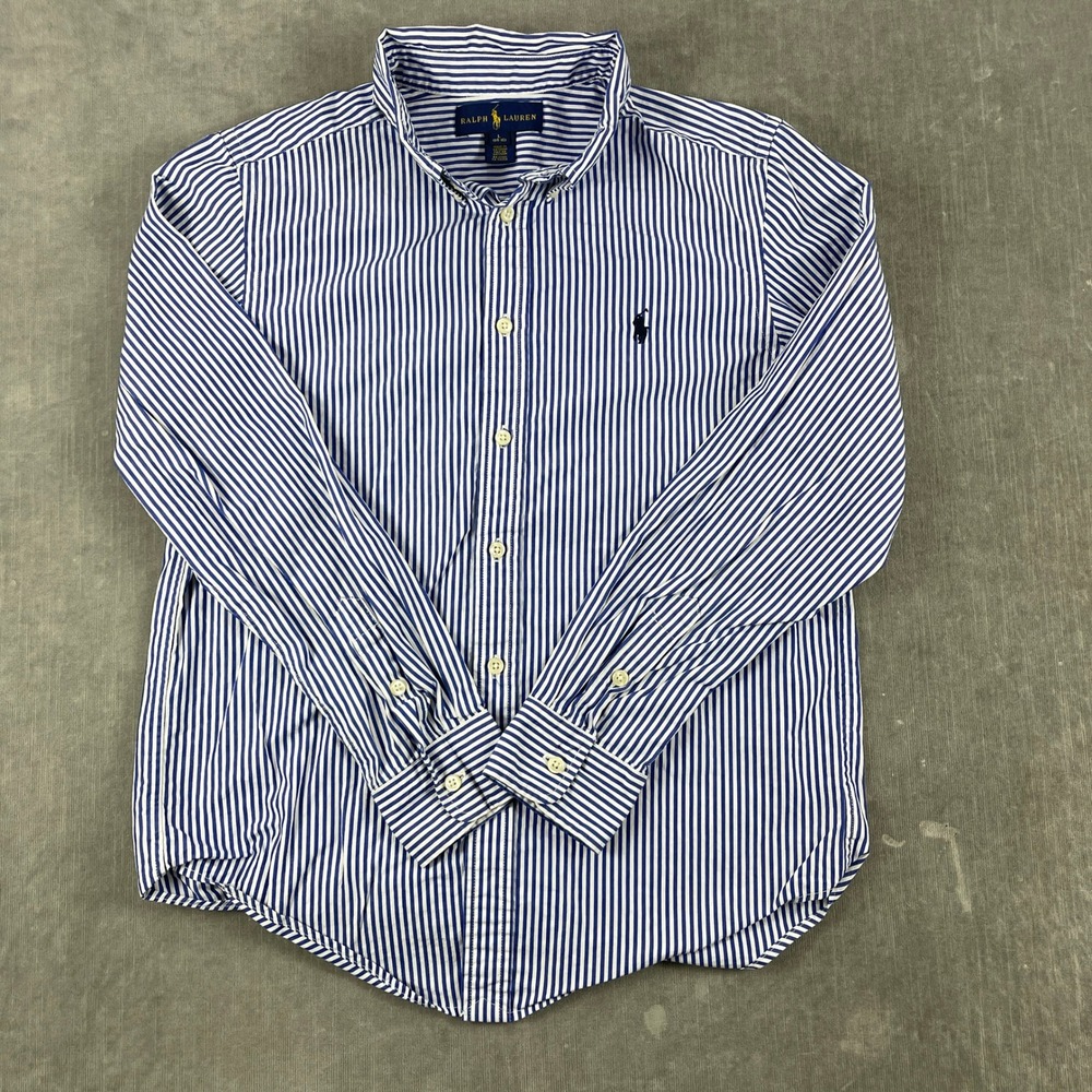 Polo Ralph Lauren Boys L 14-16 Blue Striped Button Down Shirt Long Sleeve Pony